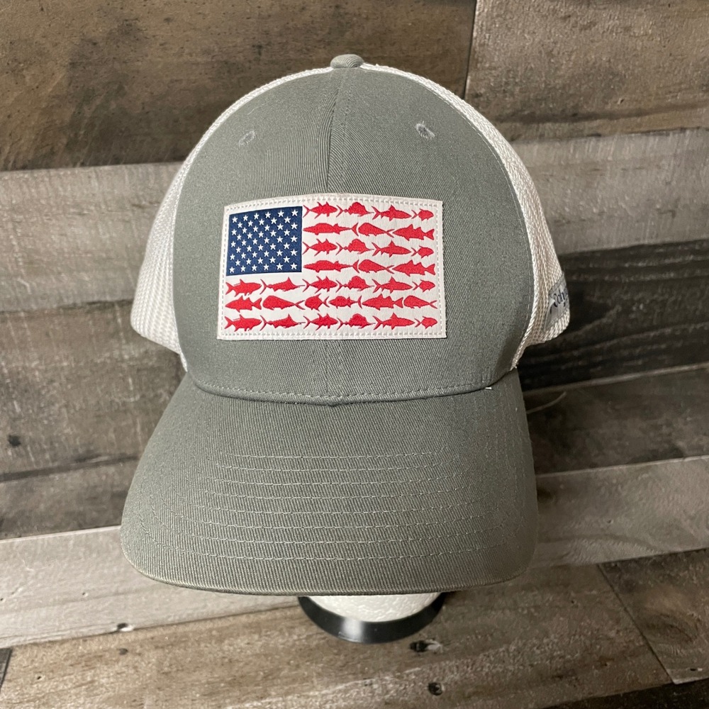 Columbia PFG American Flag Fish Trucker Hat Patriotic Cap Gray White USA